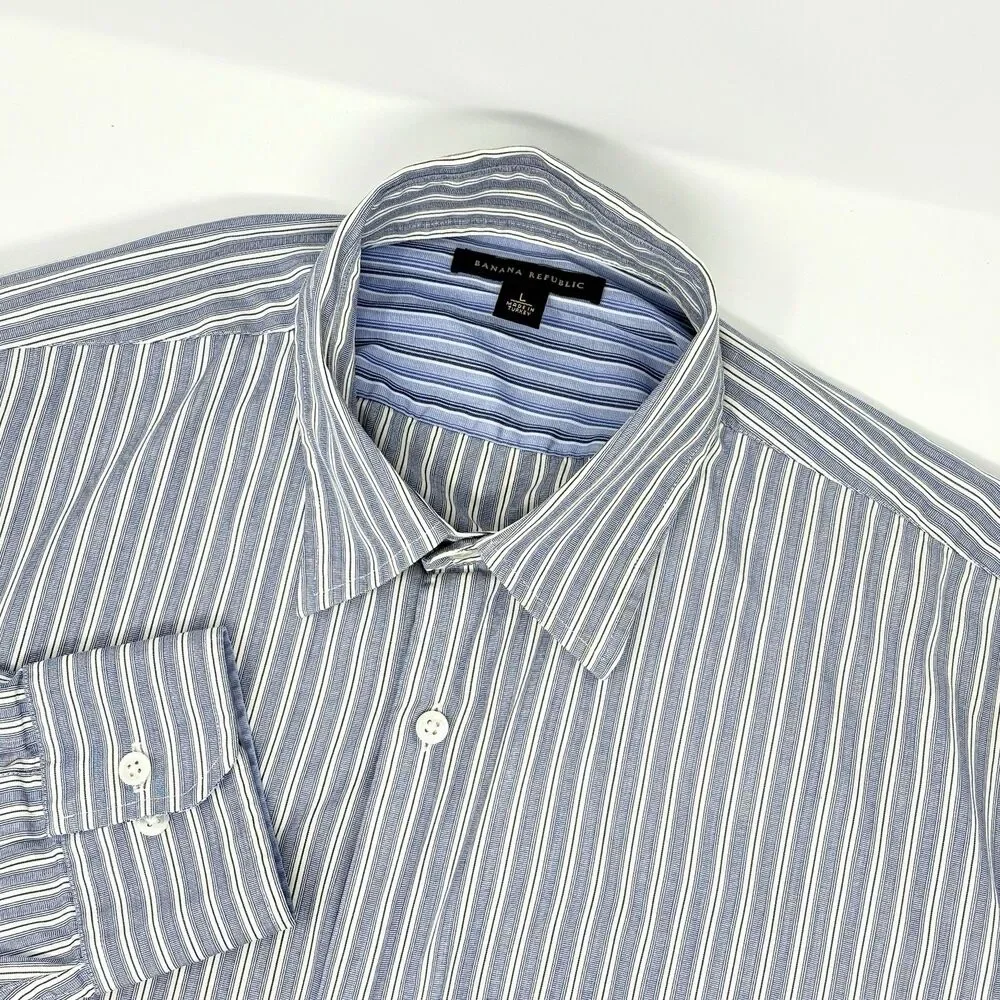 Banana Republic Shirt Mens L Blue Striped 100% Cotton Long Sleeve‎ Button Up